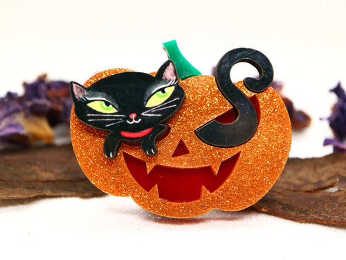 Laliblue - Pumpkin with Black Kitten Brooch
